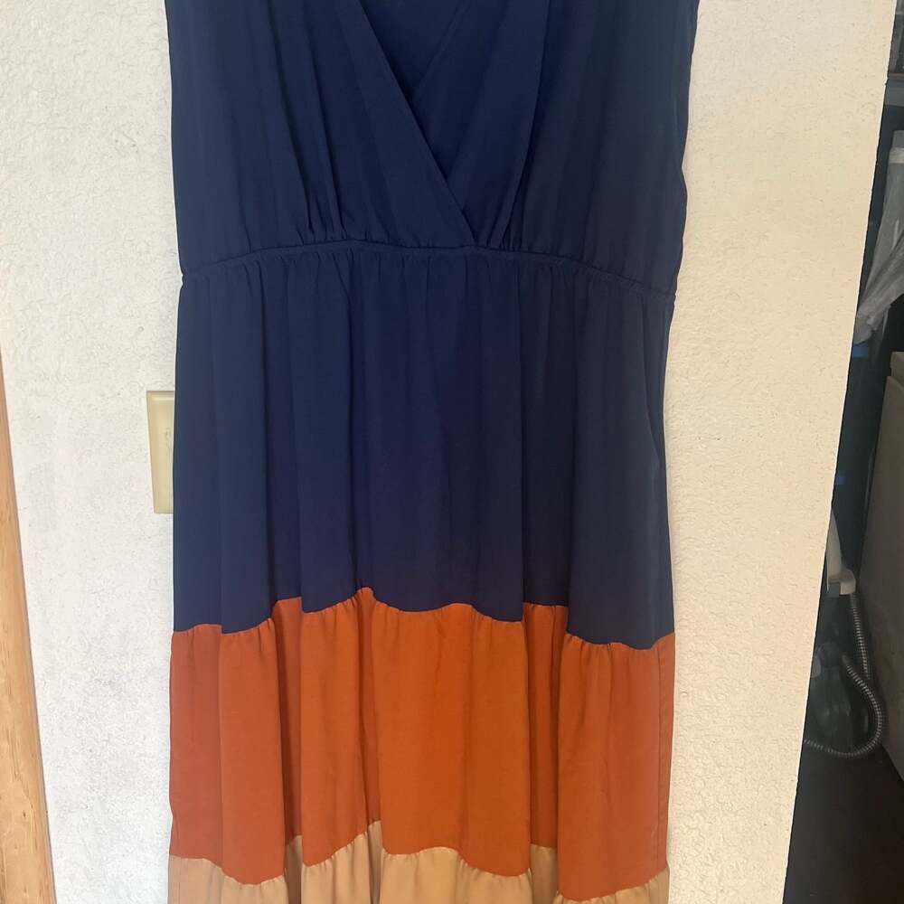 SHEIN Curve 4XL Colorblock Surplice Neck Tiered Maxi Dress Navy Blue Orange